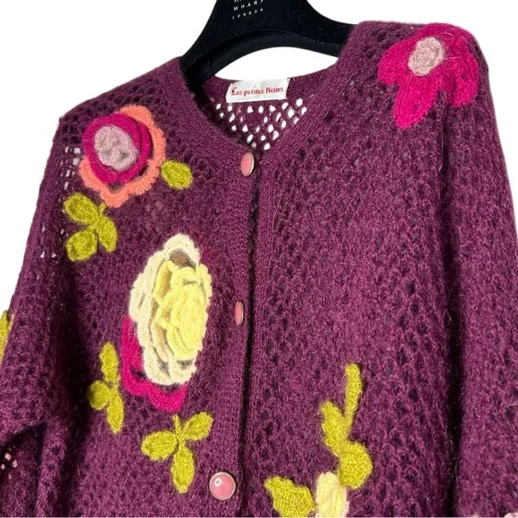 Vintage Crochet Floral Cardigan Purple Appliqué Boho Cottagecore Sz M - Picture 8 of 13